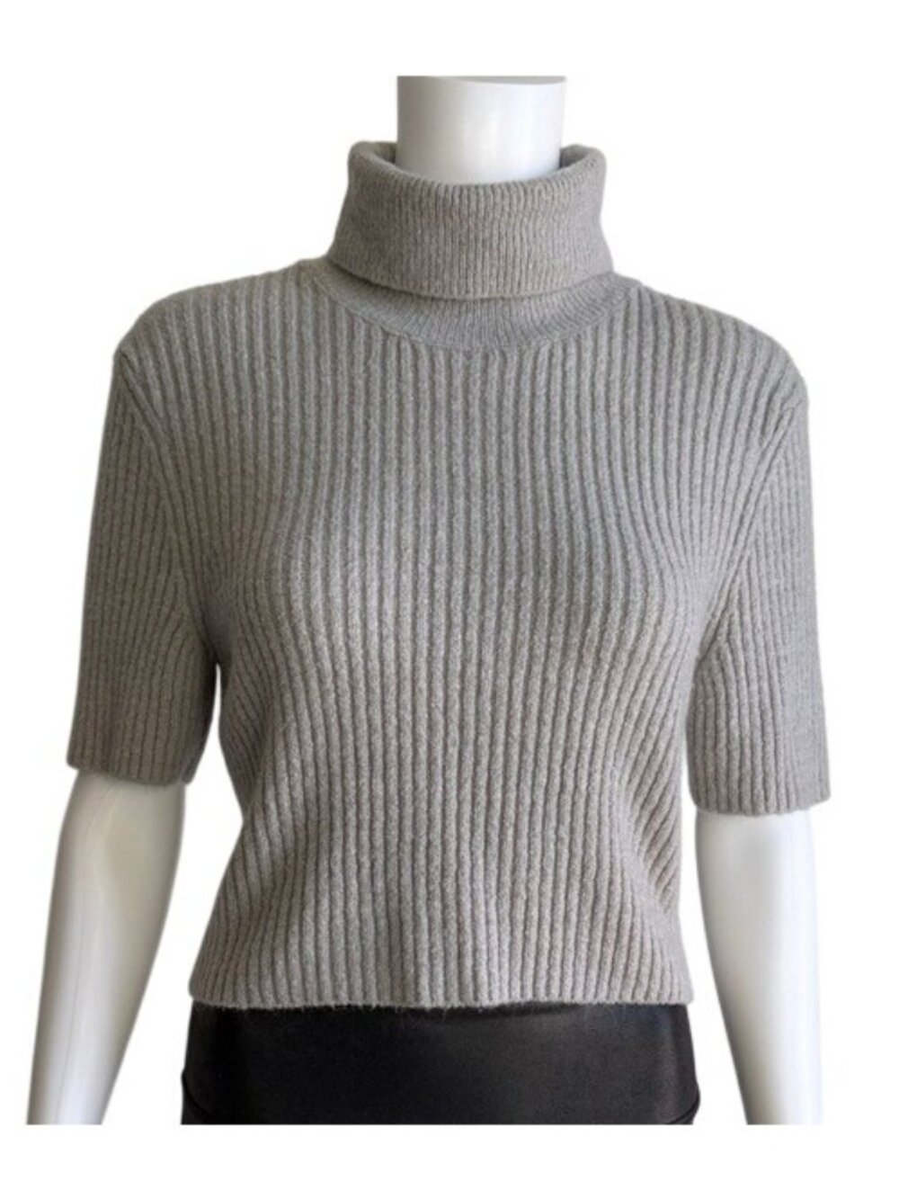 House of Harlow 1960 Ribbed Turtleneck Cropped Sweater Top Short Sleeve Neutral